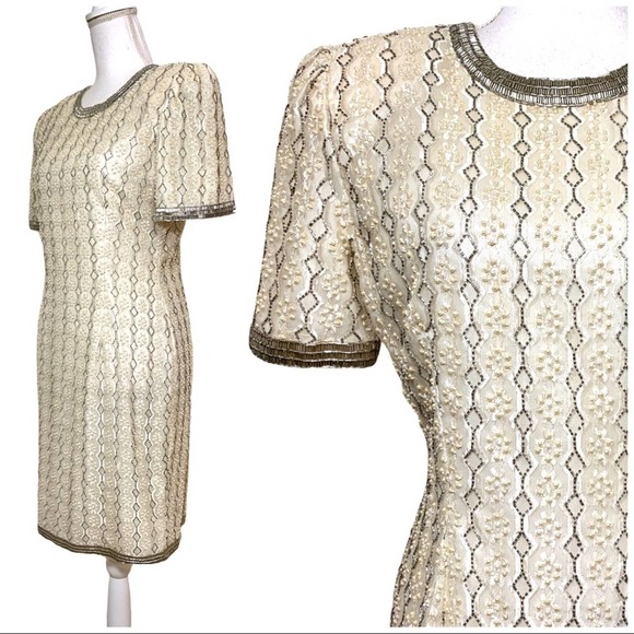 Vtg 80’s Stenay Champagne Beaded Short Gown 10 - Picture 5 of 16